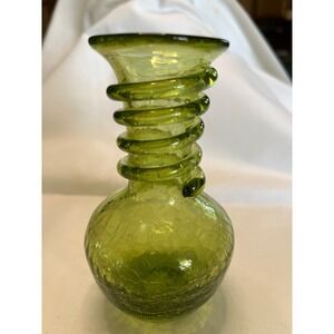 Crackle Glass Vase, Green/Olive With Wrap on Neck, Art Glass 5 inches tall